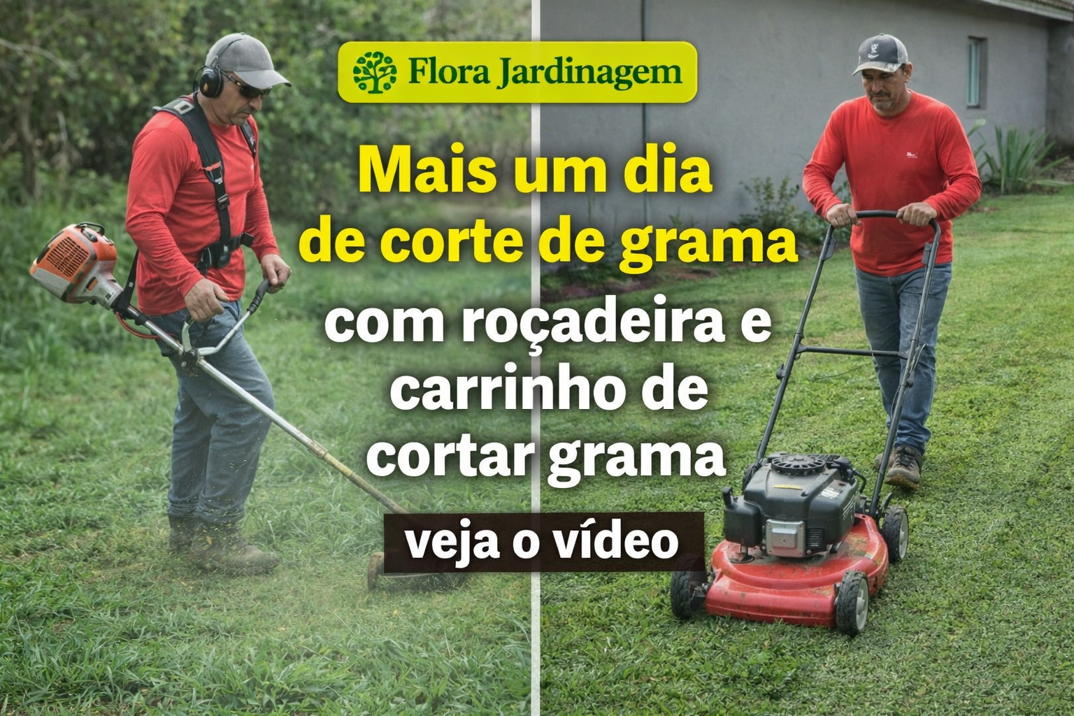Corte de grama com roçadeira e cortador de grama